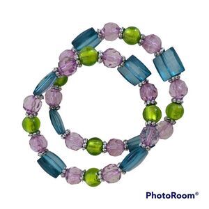 Beautiful Stretch Beaded Bracelet Pair In Purple Turquoise and Green W/ Spacers
